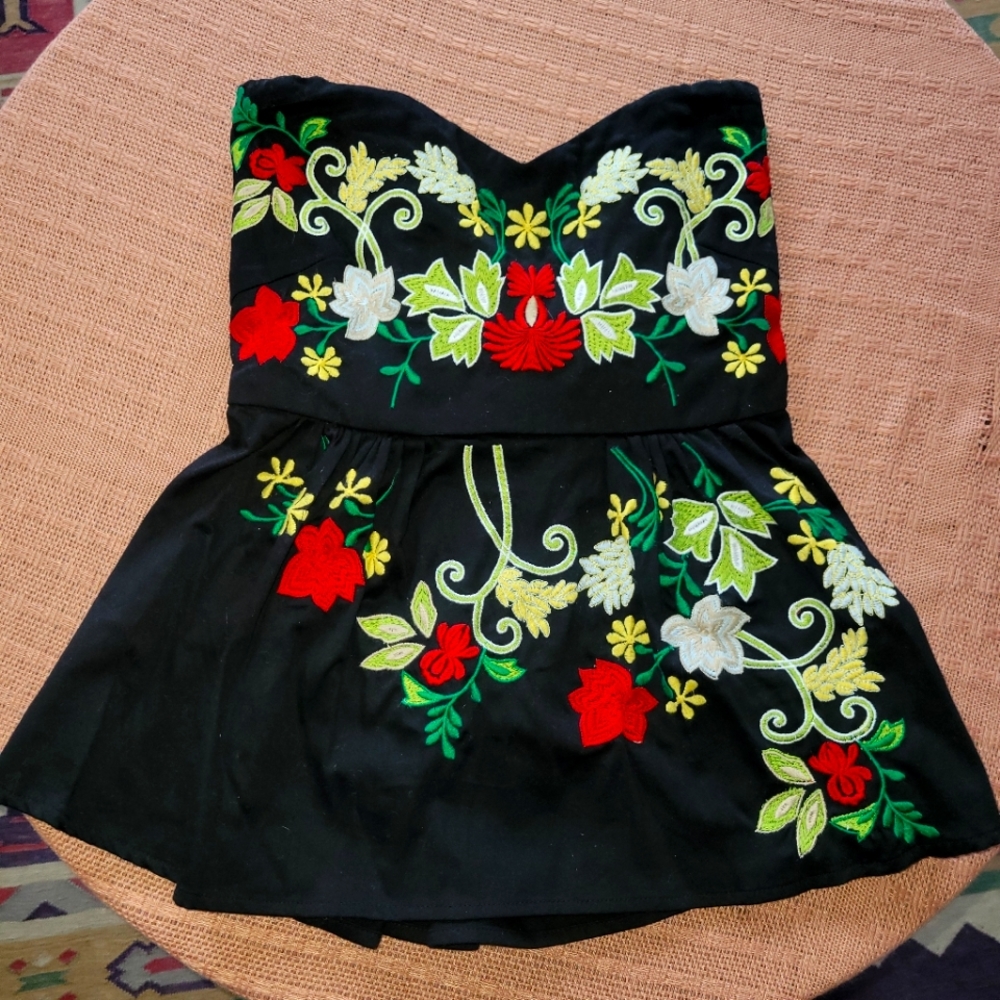 Two of Us for Anthropologie Black Embroidered  Strapless Top